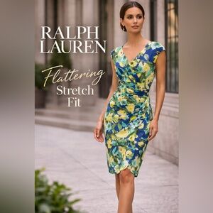 Ralph Lauren Floral Faux Wrap Dress Size 6 | V-Neck Stretch Fit Blue Green